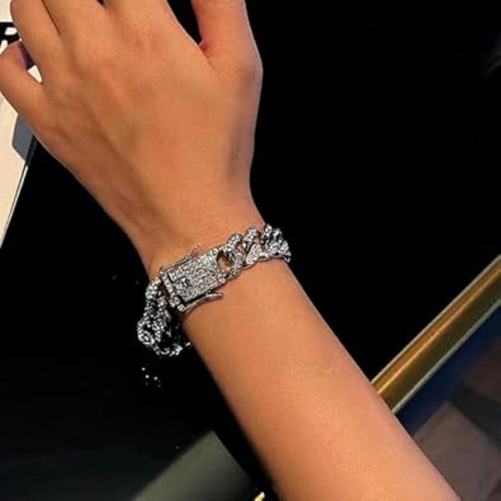Chain Link‎ Bracelet Chunky Cuban Silver Rhinestone Fashion Jewelry Statement